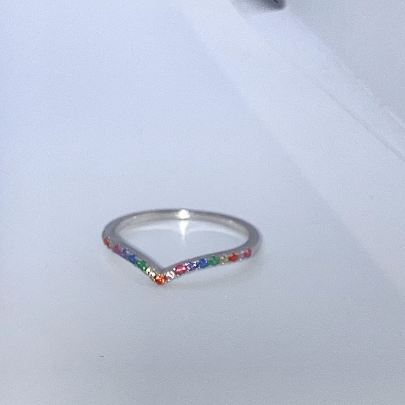 Vtg sterling rainbow multi gem stone chevron V ring sz 6.75 - Picture 6 of 15